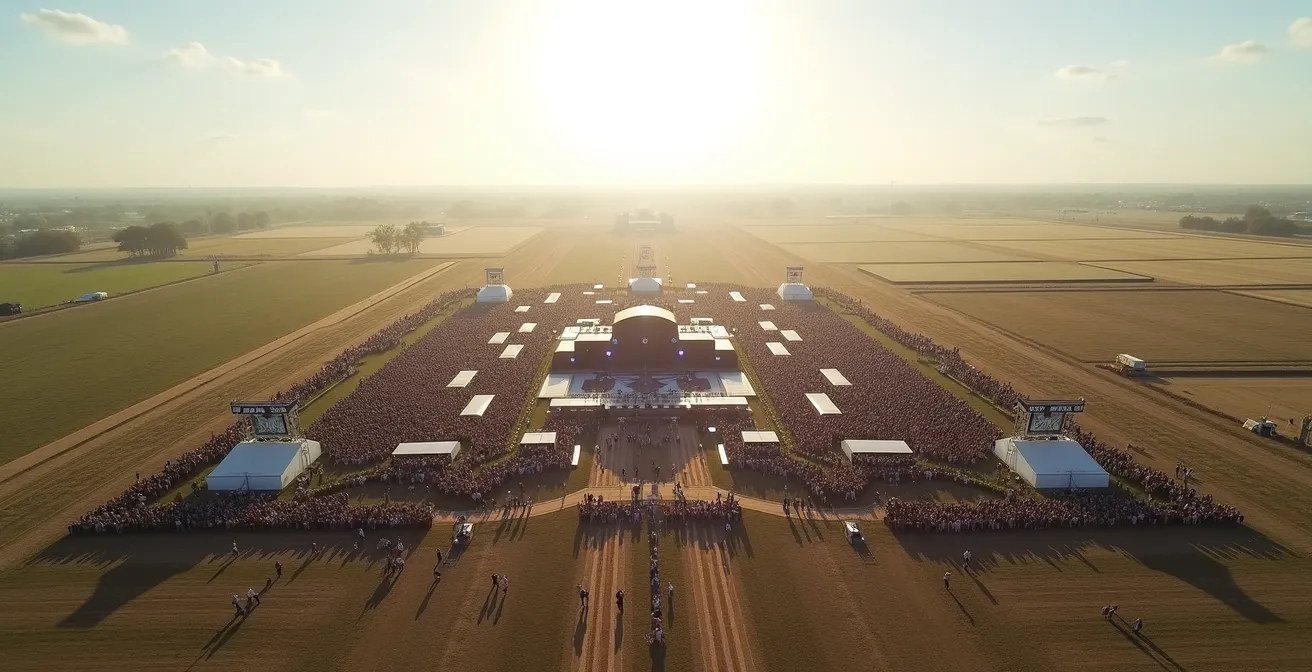 Vue aérienne d'un festival avec plusieurs scènes et espaces modulaires