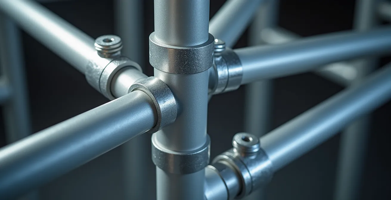 Détail technique d'assemblage de structure de scène avec éléments modulaires