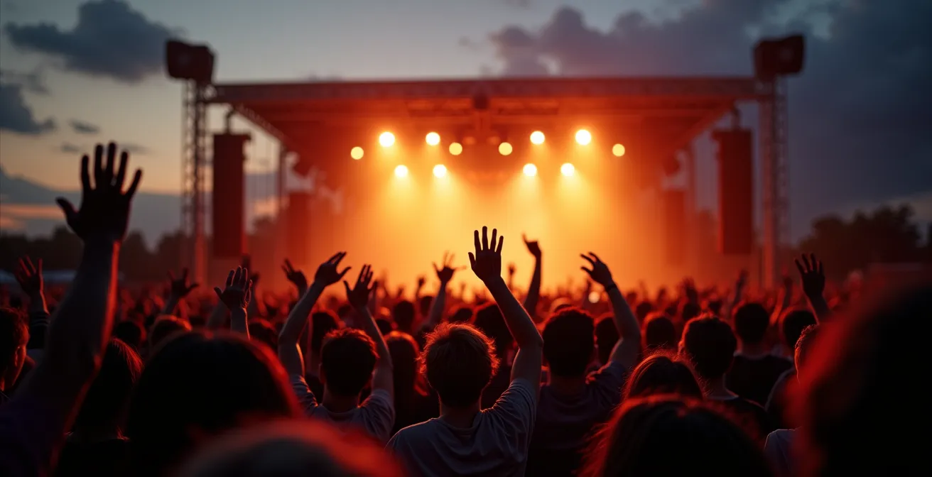 Vue depuis le public d'une scène de concert avec gradins et éclairage scénique