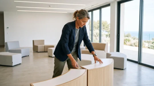 Event planner configuring modular furniture layout in a bright Mediterranean seminar venue with coastal views